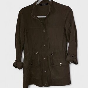 Zara Basics Tab  Sleeves Olive Green Drawstring Waist Shirt Jacket Women’s Sz XS